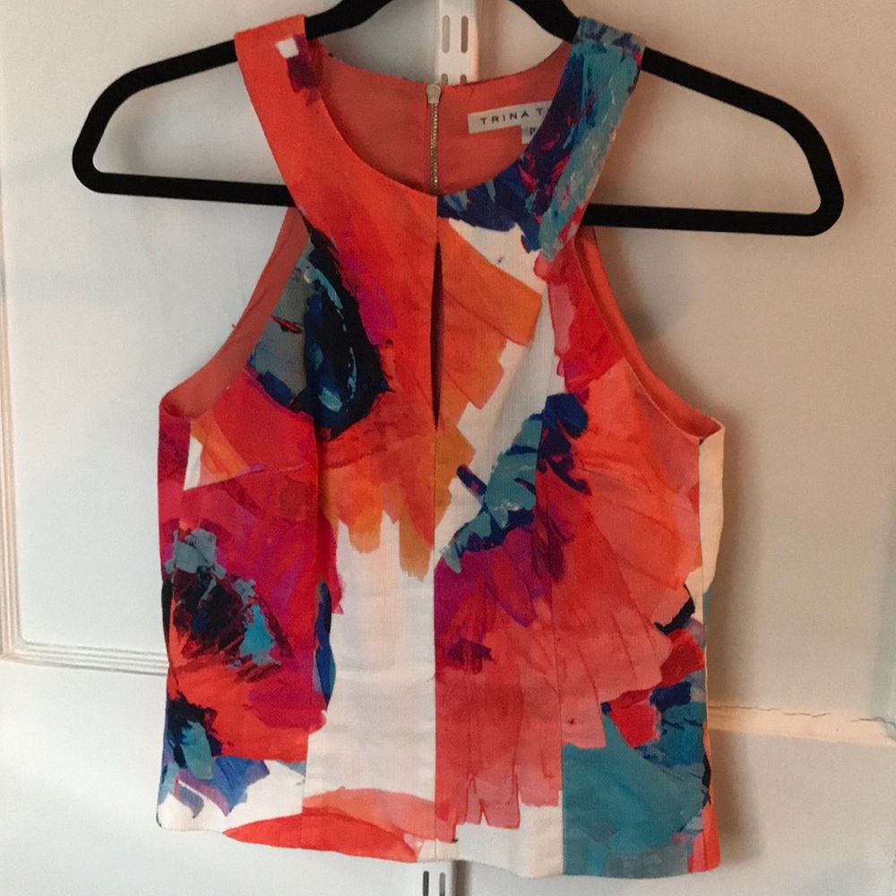 Trina Turk Multicolor Abstract Print Crop Top - Orange, Blue, Pink